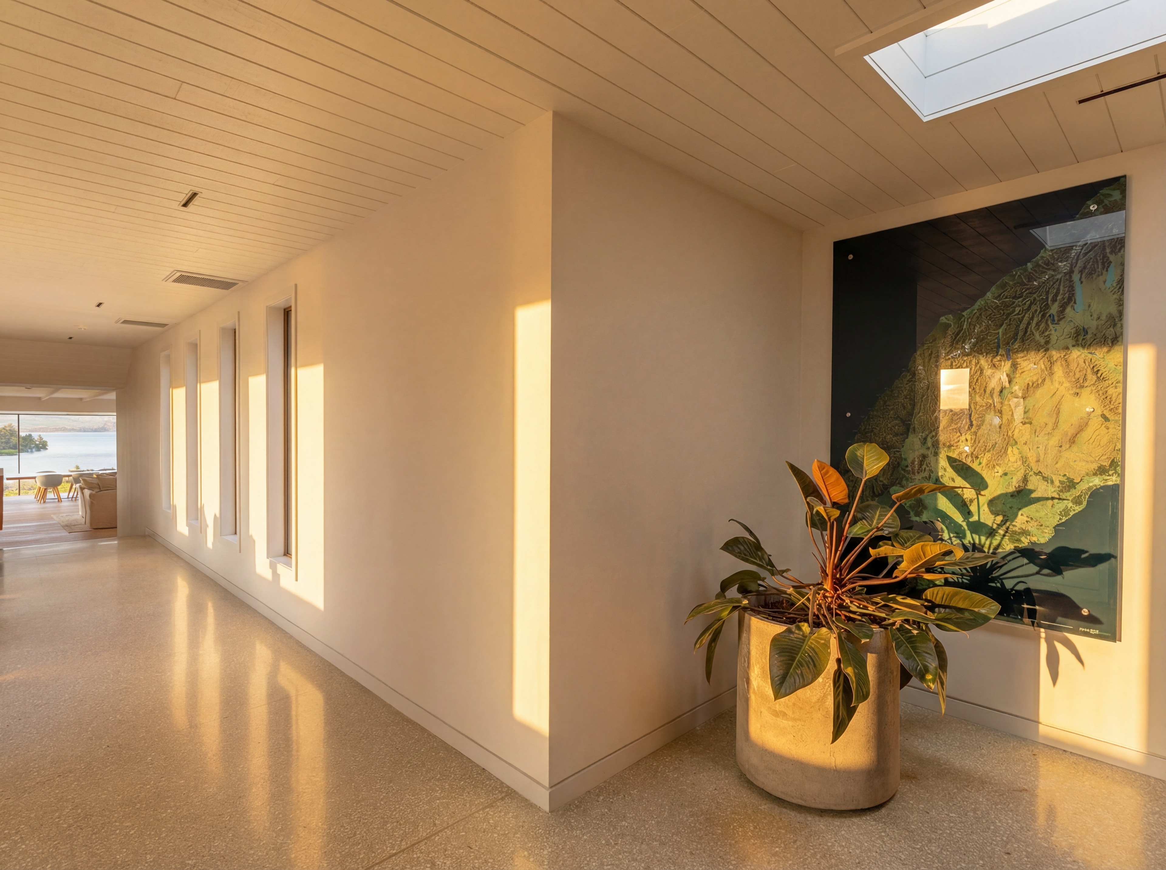 Hallway with clerestory windows, polished concrete floor and topographic art installation